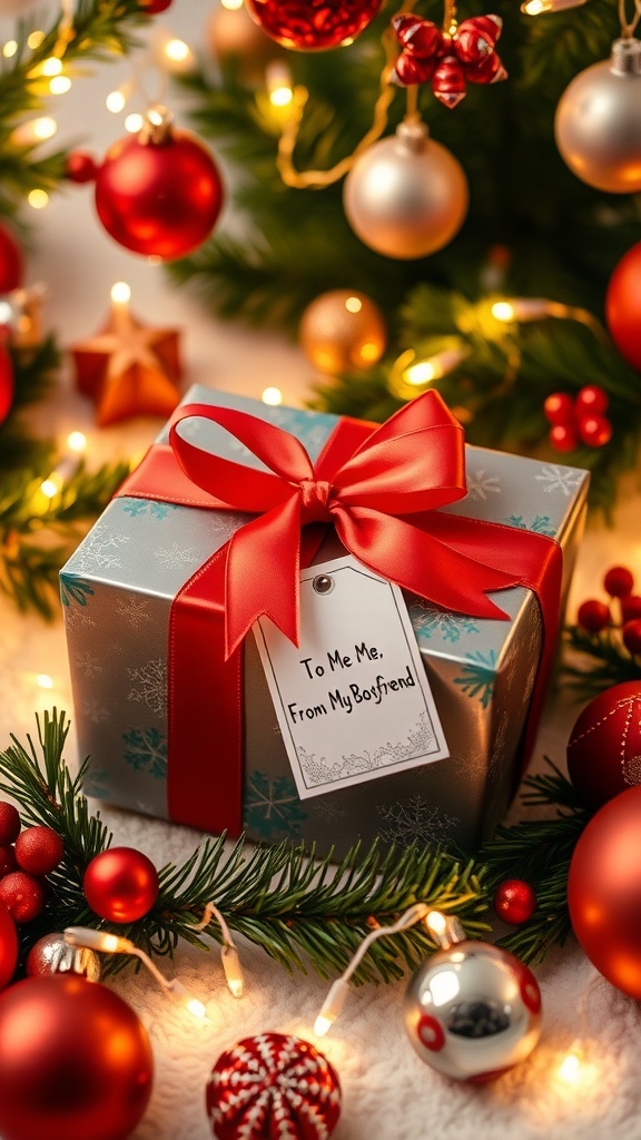 A Christmas gift box with a red ribbon on a festive table with decorations.